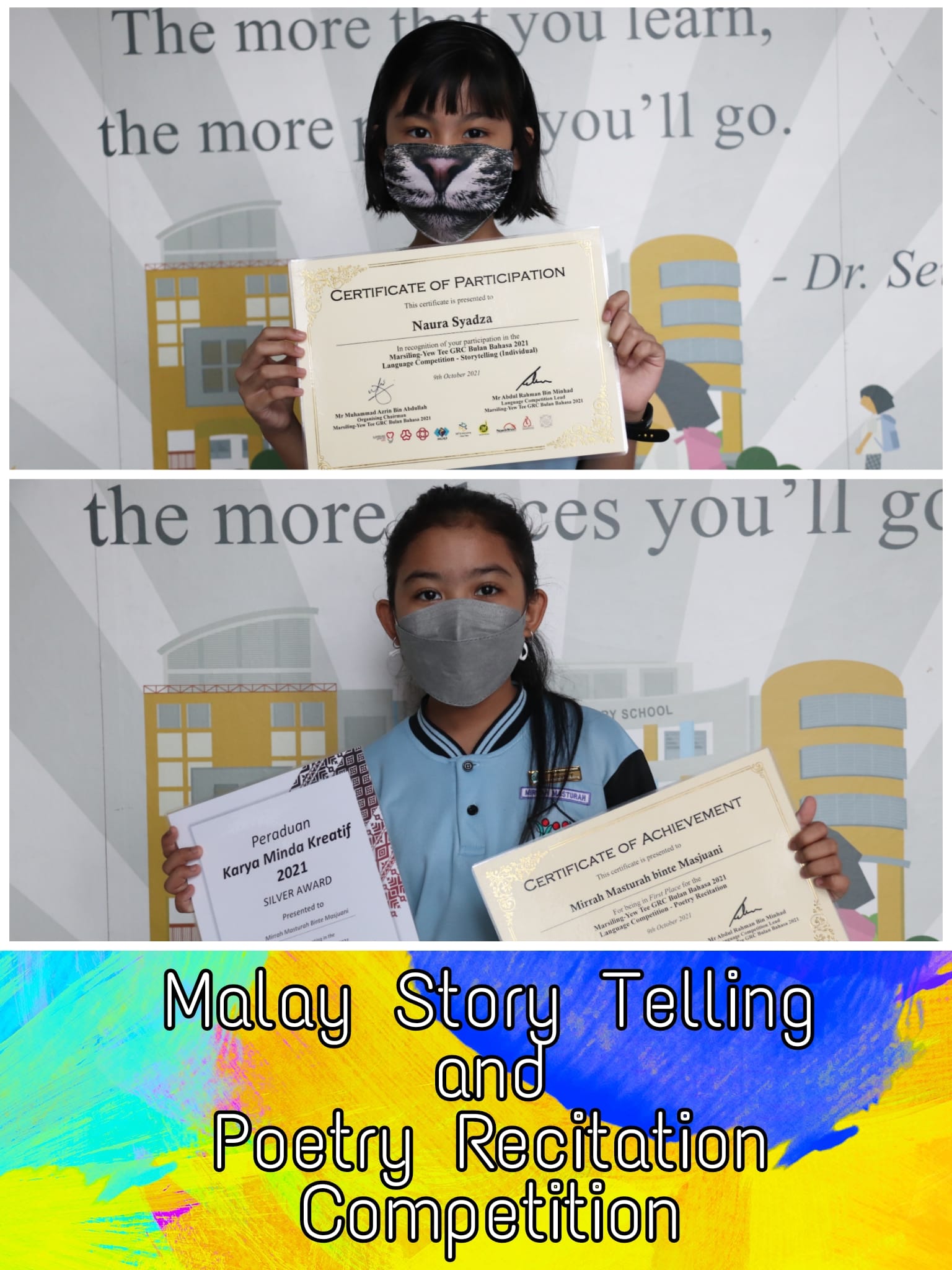 Two masked girls holding certificates for a Malay Story Telling and Poetry Recitation Competition 2021.